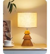 GOEBLESON Wood Table Lamp, Wood Bedside Lamp with Tree-Shaped Base & Linen Lampshade, Modern Cute...
