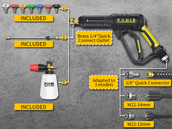 Pressure Washer Gun with Foam Cannon 3/8" Quick Connector Extension Wand Nozzle
