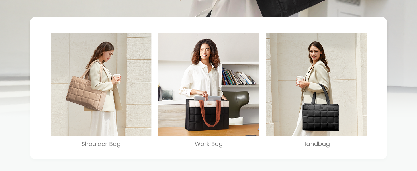 Wear as shoulder bag, work tote or handbag — three ways to carry this versatile laptop tote