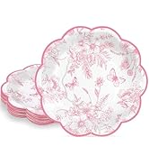 NatNarr 30Pcs Pink Floral Paper Plates, 7inch Valentines Plate Scalloped Pink and White Plates Di...