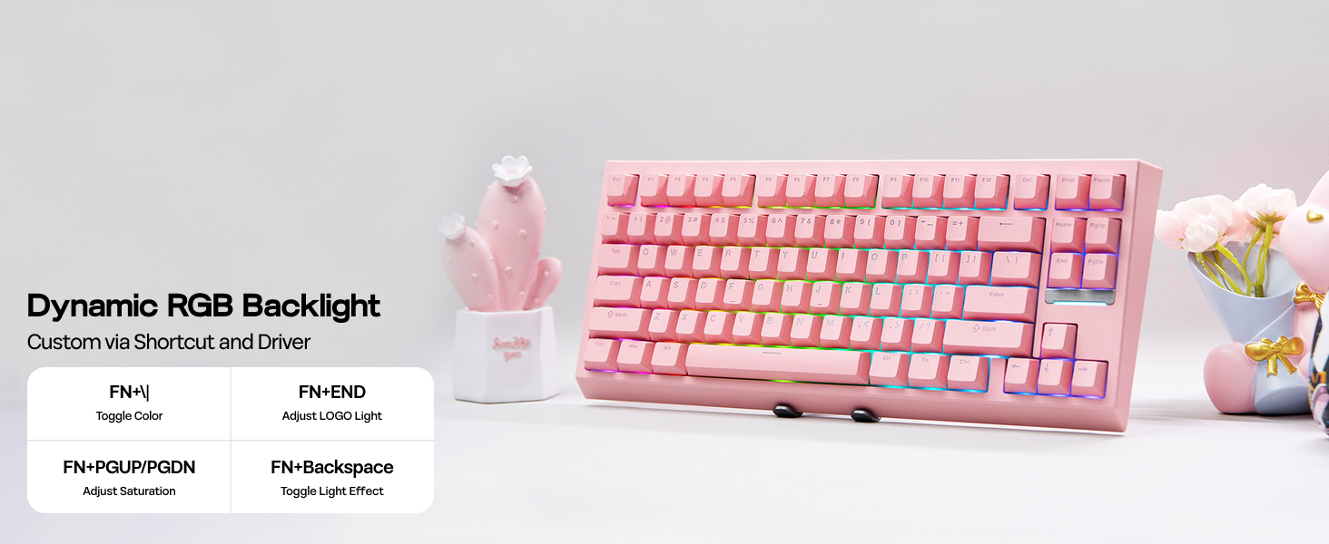 Pink mechanical keyboard with RGB backlighting, displayed alongside a pink bottle and floral decorations. Text highlights customizable shortcuts and dynamic RGB backlight feature.