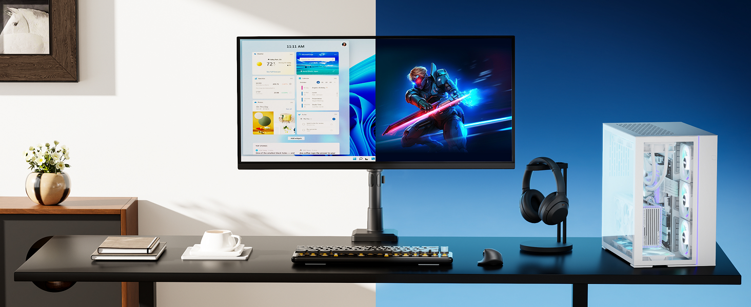 Workspace setup featuring desktop monitor displaying blue technical interface, smartphone, and desk accessories on white surface with blue accent wall background.