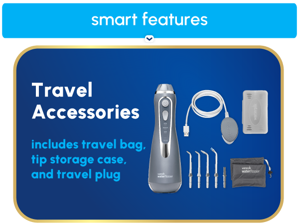 Image of water flosser travel accessories with text reading includes travel bag and tip storage case