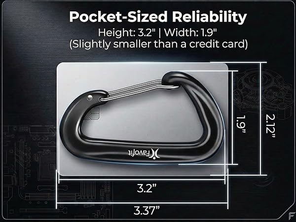 3.2" Henght and 1.9" width pocket-sized carabiner. Slightly smaller than a credit card.