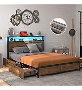 Giantex Full Bed Frame with LED Lights Headboard and 4 Storage Drawers, Metal Platform Bed with O...