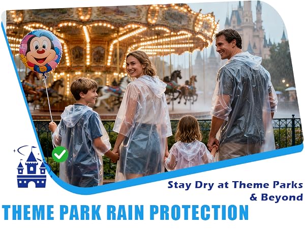 Text reads 'THEME PARK RAIN PROTECTION' and 'Stay Dry At Theme Parks & Beyond'. Multiple images showing clear rain ponchos being worn at an amusement park with carousel in background.