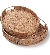 Round Serving Tray for Coffee Table Water Hyacinth Decorative Ottoman Tray with Handle Set of 2 (...
