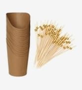 WOLVINA 30 Pcs Brown Kraft Paper Cone Cups 12oz with 100 Gold Bead Bamboo Picks Disposable Brown ...