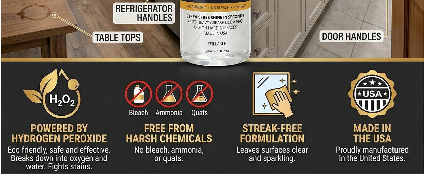 Made with hydrogen peroxide, streak free, made in the USA