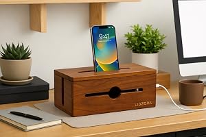 Wooden LIDZORA cable management box on desk with phone standing on top