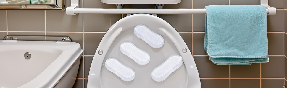 A bathroom vanity with a product displayed on it.