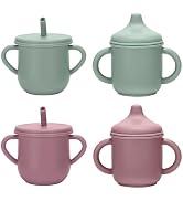 JELLDJK Silicone Toddler Cups Set, 2 Straw Cups and 2 Sippy Cups for 6+ Months Baby, Leakproof Sp...