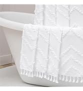 OWENIE Boho Shower Curtain, White Fabric Cloth Shower Curtains Farmhouse Tufted Chevron Striped T...