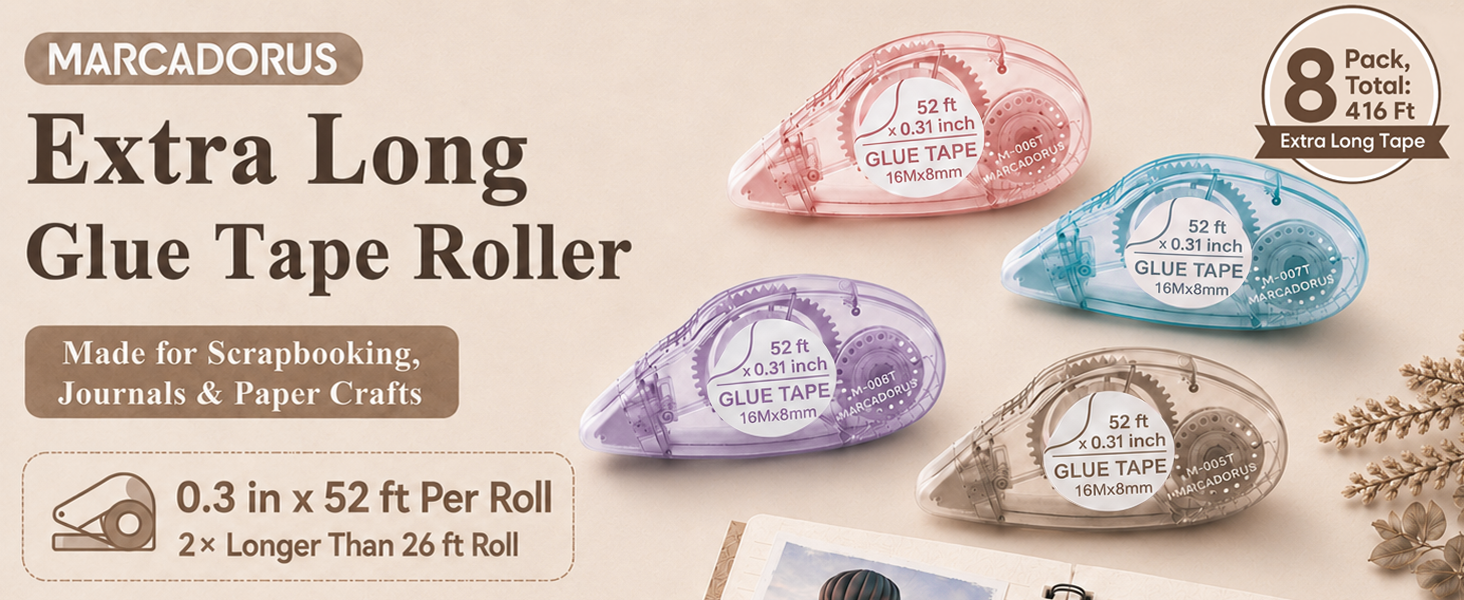 Eight 52 ft tape rollers in assorted colors with clear housings and 416 ft total shown