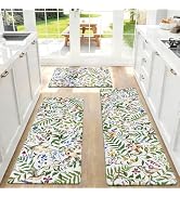 Yinhua White Kitchen Mats for Floor Sets of 3, Floral Anti Fatigue Mats for Kitchen Floor Rug Cus...
