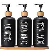MOMEEMO Black Shower Soap Dispenser Set, Contains 3 Extra-Thick PET Plastic Bottles with Bamboo P...