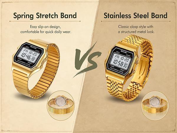 Elastic gold strap or clasp metal bracelet, quick wear vintage LCD watch