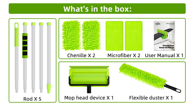 what is in the box? Rod X 5, chenille X 2, microfiber X 2, mop head device X 1, user manual X 1