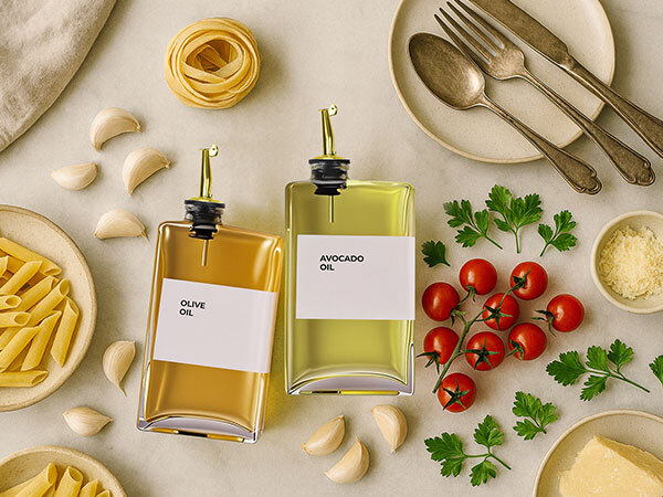 Glass olive oil dispensers surrounded by pasta, garlic, tomatoes, and herbs on a kitchen counter