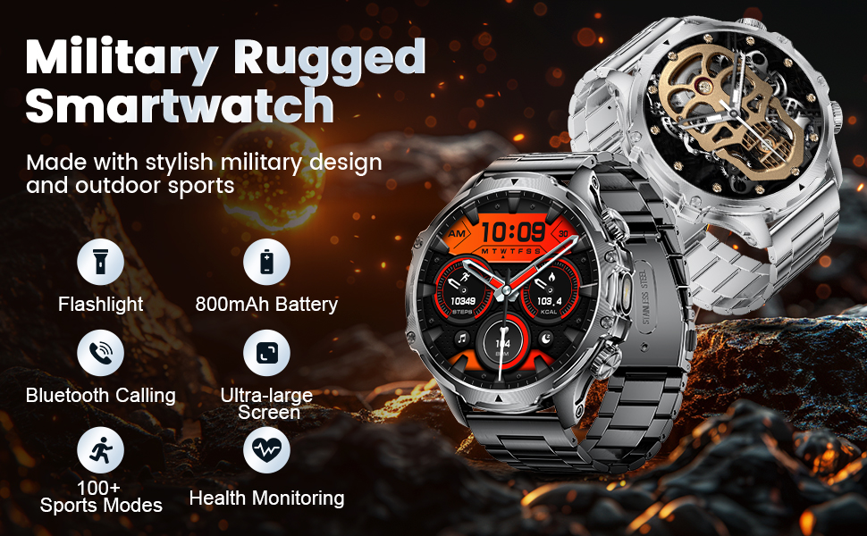 Text reads 'Military Rugged Smartclock'. Multiple panels showing digital watch interface with various modes and functions displayed.