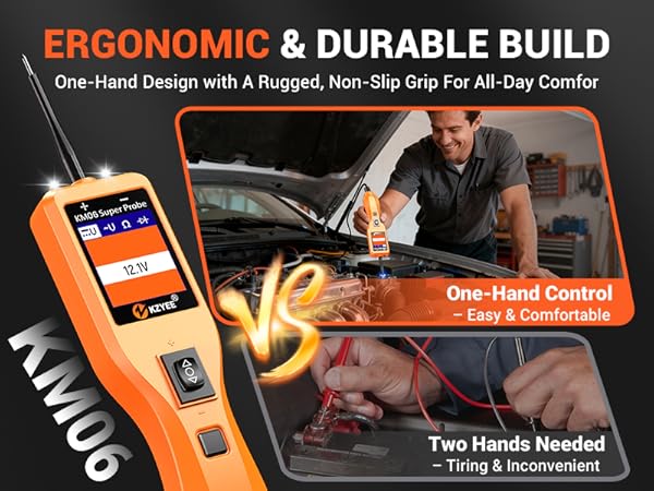 KM06 power circuit probe designed for one-hand automotive testing, replacing bulky two-hand tools.