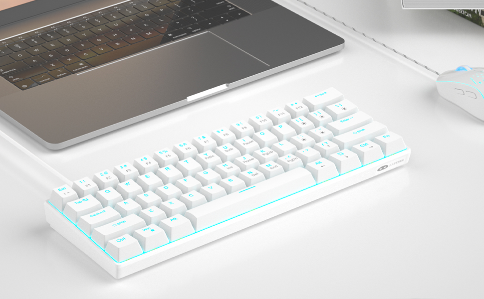 white mechanical mini 60% keyboard with powder blue backlit