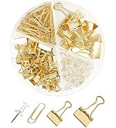 Creechwa Gold Binder Clips and Paper Clips Push Pins Tacks Sets, Total 72 PCS Assorted Sizes Offi...