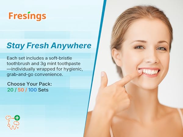 Individually wrapped toothbrush with 3g toothpaste; bulk packs 20/50/100 for travel, guests