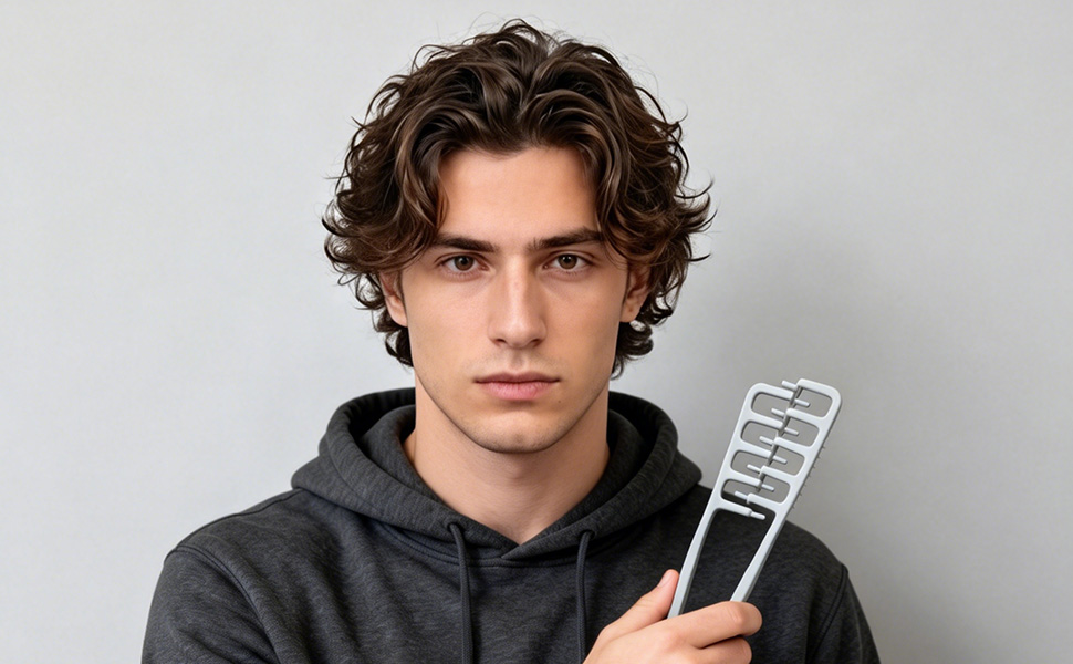Man using texture comb for men to achieve voluminous curly hair styling