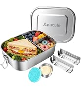 Anatole 304 Stainless Steel Bento Box 49oz 1450ml Leak-Proof Lunch Box 3 Compartments with 2 Remo...