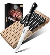 Huusk Steak Knives Set of 6 with Block, Sharp Serrated Steak Knives with Full Tang Handle, Japane...