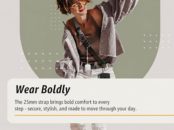 Wide 25mm crossbody phone strap, bold stylish design for comfort and security.