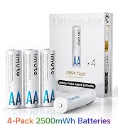 imuto Rechargeable aa Batteries, 2500mWh aa Lithium Batteries 4 Pack
