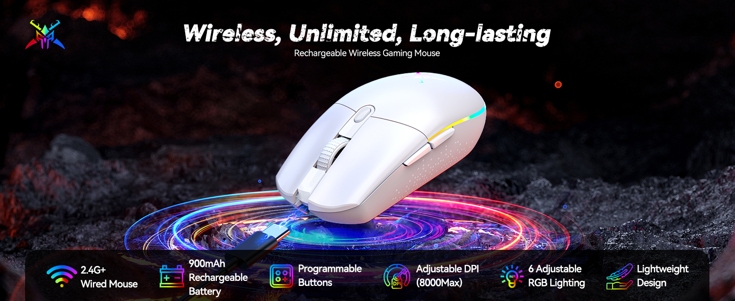 White wireless computer mouse with RGB lighting effects. Features include 2.4G connection, 9000mAh battery, programmable buttons, adjustable DPI, and lightweight design.