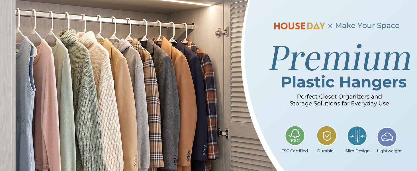 Winter coats and chunky sweaters on sturdy white hangers. 50 pack for seasonal rotation