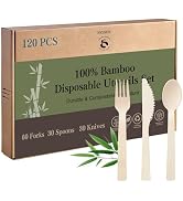 100% Bamboo Cutlery Set Disposable Compostable Utensils With Forks, Spoons And Knives - Eco-Frien...