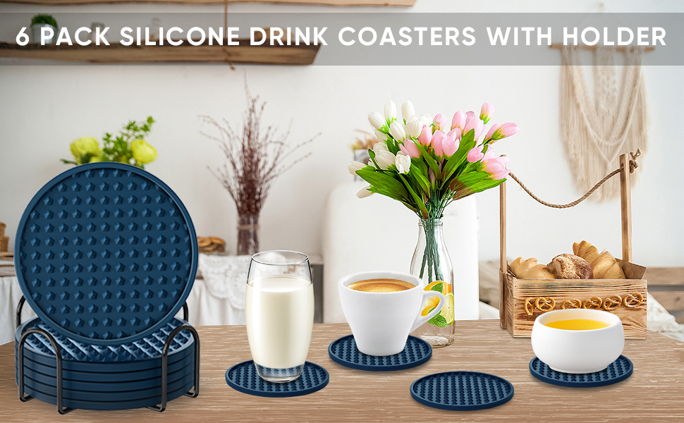 Blue silicone coasters set 6 with holder rubber table coaster glass coaster