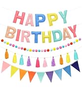 BCCSNNM 4 PCS Pastel Felt Happy Birthday Banner | Pre-Strung 3D Happy Birthday Garland Pom Pom Ga...
