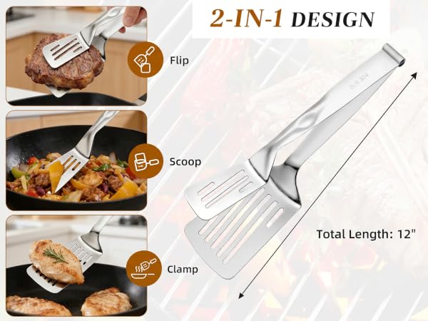 Three-step action shots showing the 2-in-1 functionality of the cooking tongs.