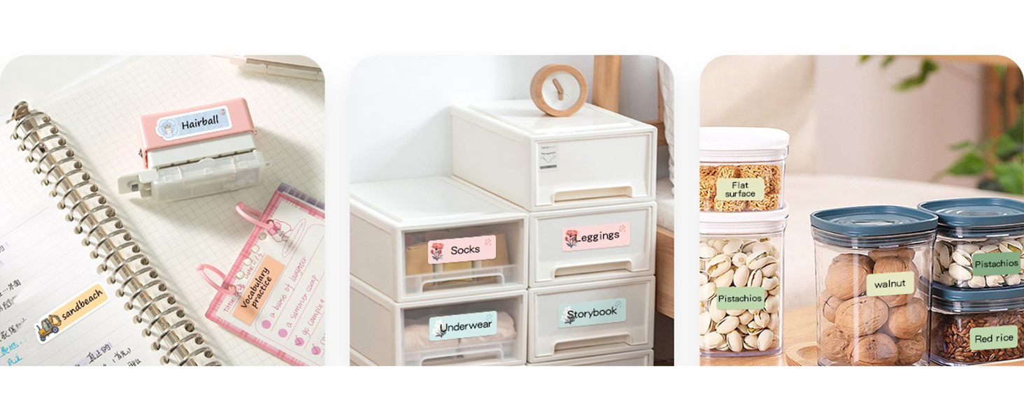 Storage organization setup with clear plastic drawers and labeled containers, including paper supplies and jars for pantry storage.