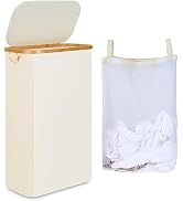 iEGrow 60L Slim Laundry Hamper, Narrow Laundry Basket with Lid,Foldable Clothes Hamper with Bambo...