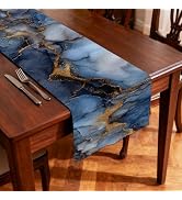 Nuxovilar Table Runner, Flax Table Runner 13x72 Inches - Blue Gold Marble Art Table Runners for M...