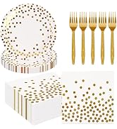 75PCS Paper Plates &Napkins Set- White& Gold Dot Disposable Dessert Plates 7INParty Plates 6.5IN ...