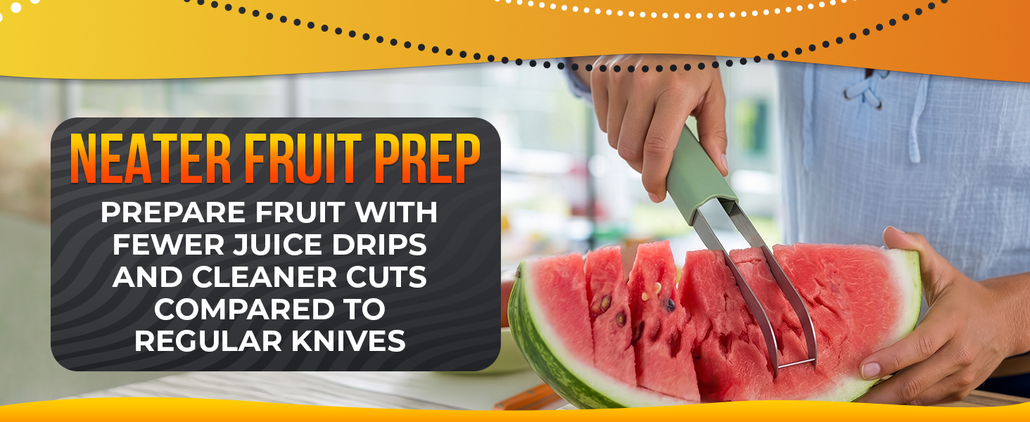 Green-handled fruit knife set presses into the red flesh of a watermelon wedge held in two hands