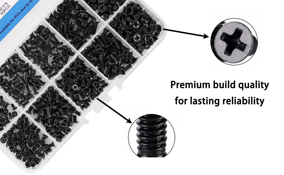 Screw quality: phillips drive, precise threads, black zinc plating quality, close-up, screws