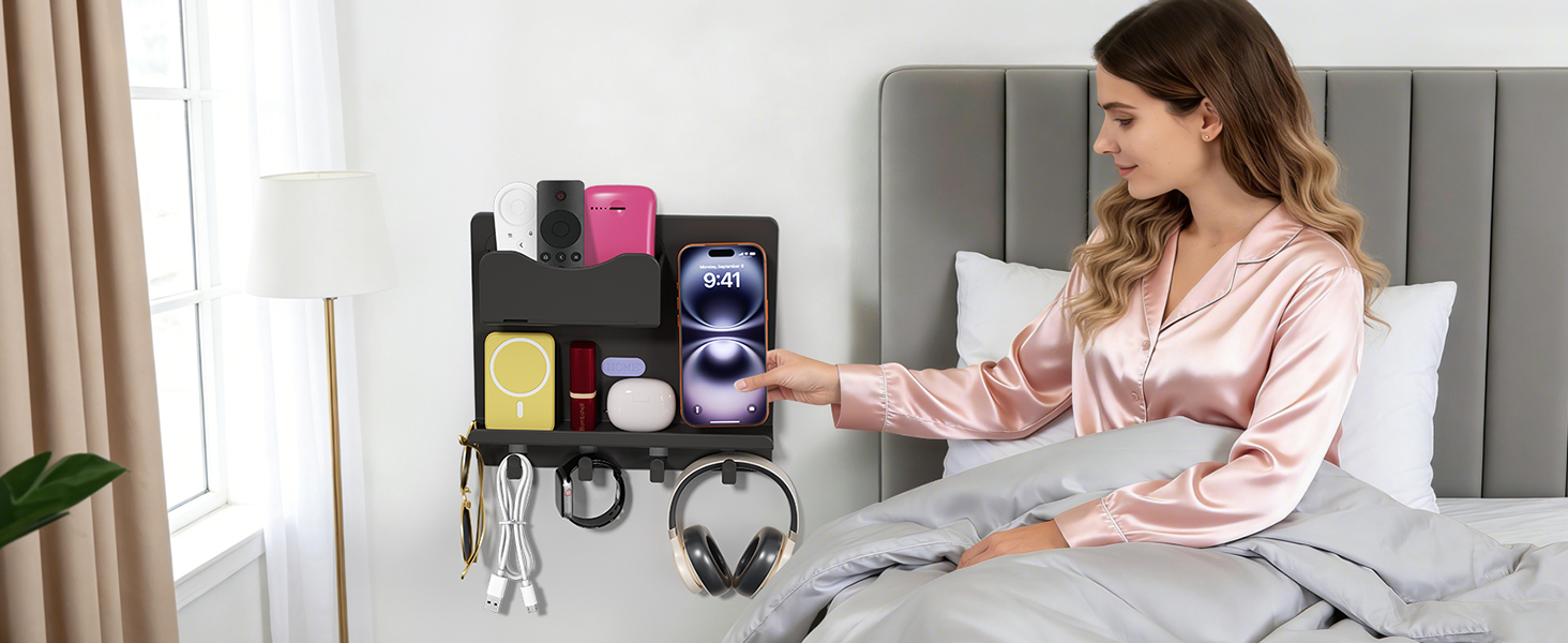Bedside Shelf Accessories Organizer, Wall Mount Self Stick On