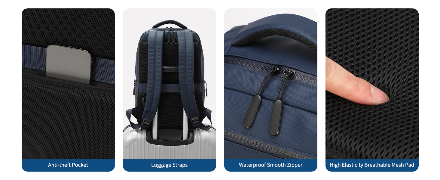 with Anti-theft pocket, waterproof smooth zipper, luggage straps and breathable mesh pad