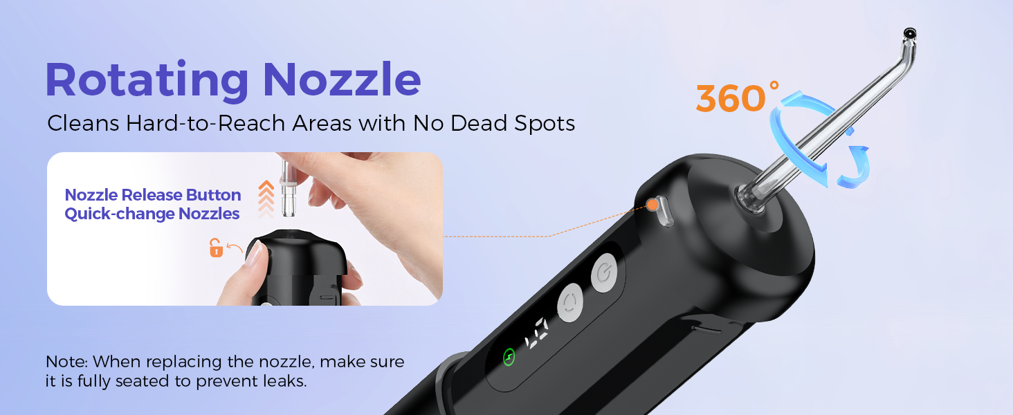 Text reads 'Rotating Nozzle', 'Creates bright & durable design with no dead spots', '360°'. Product diagram showing rotating nozzle component with 360-degree rotation capability indicator.