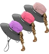 Kids Girls Ponytail Summer Sun Hat Wide Brim UV Protection Bucket Beach Cap…