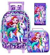 ZLYERT 18" Unicorn Rolling Backpack for Girls, Kids School Backpacks with Wheels, 3Pcs Mermaid Ro...